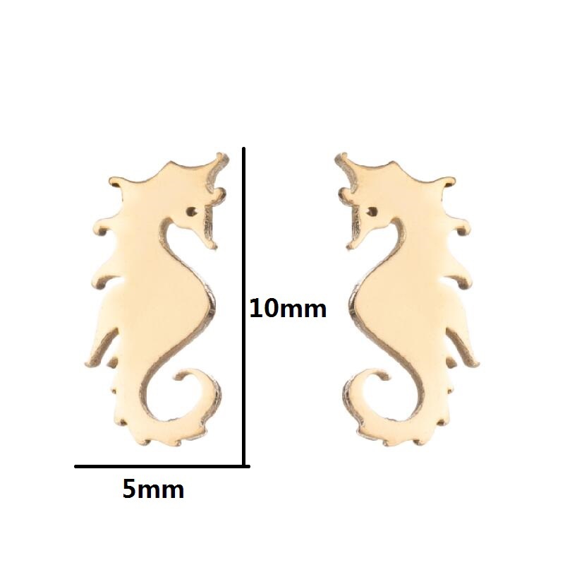Gold seahorse earrings with size measurement on a white background