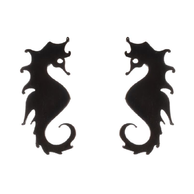 Black seahorse-shaped earrings on a white background