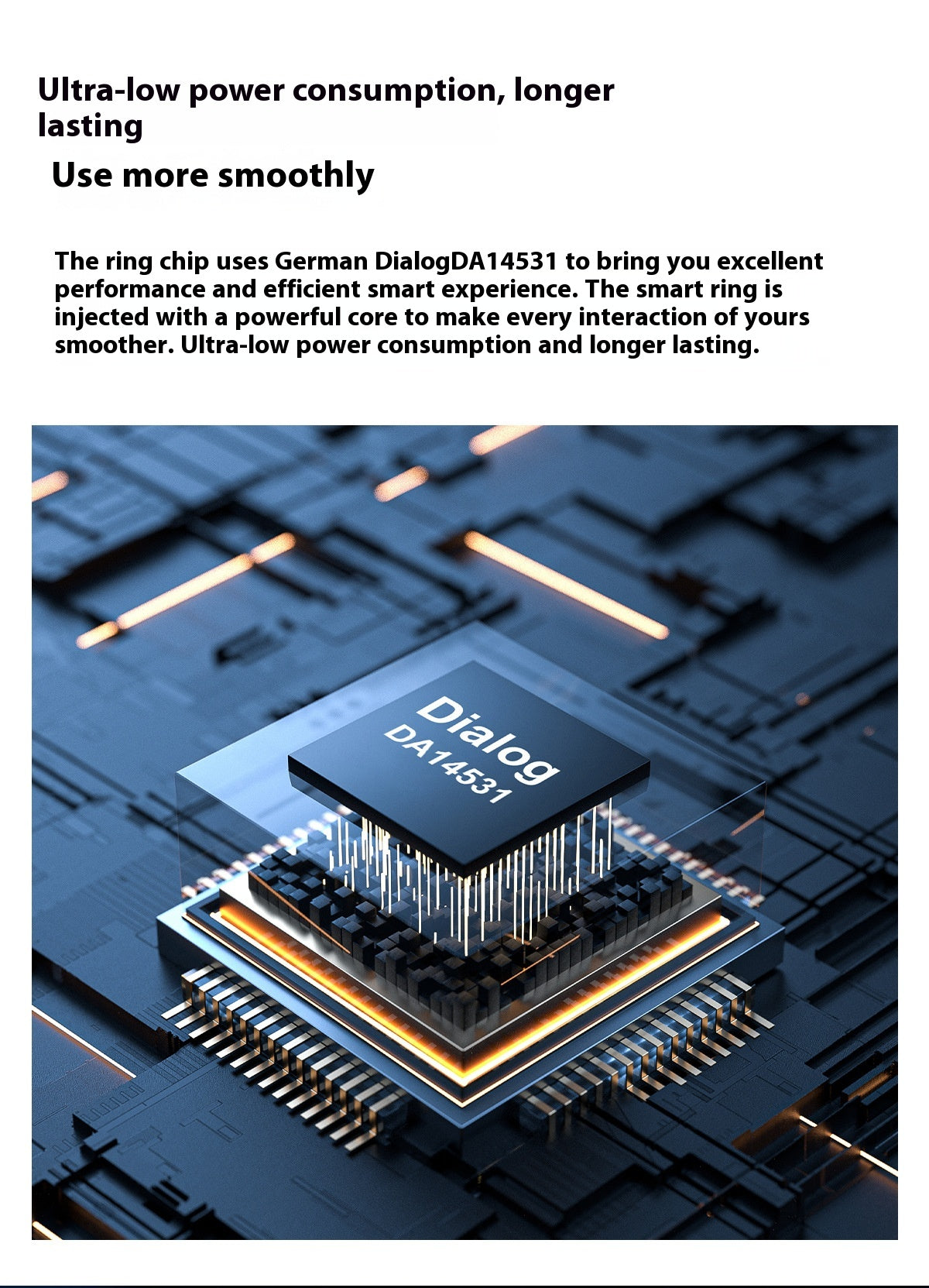 Close-up of a Dialog DA14531 chip on a circuit board with text about ultra-low power consumption.