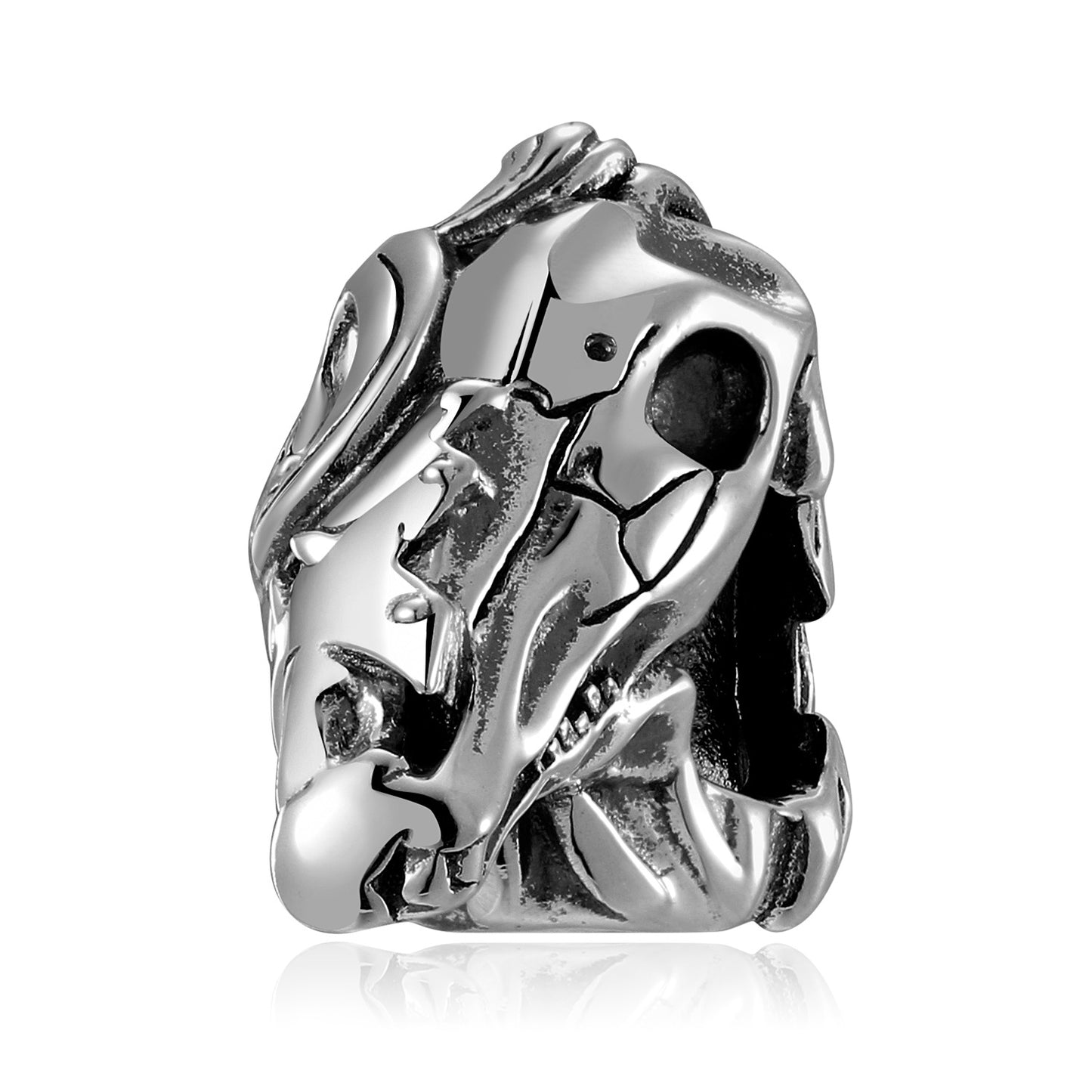 Silver skull-shaped pendant on a white background