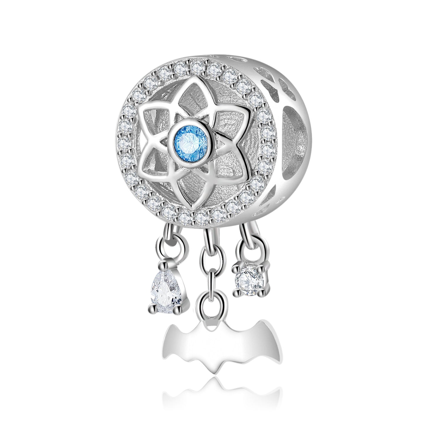 Silver charm with blue gem and star design on a white background