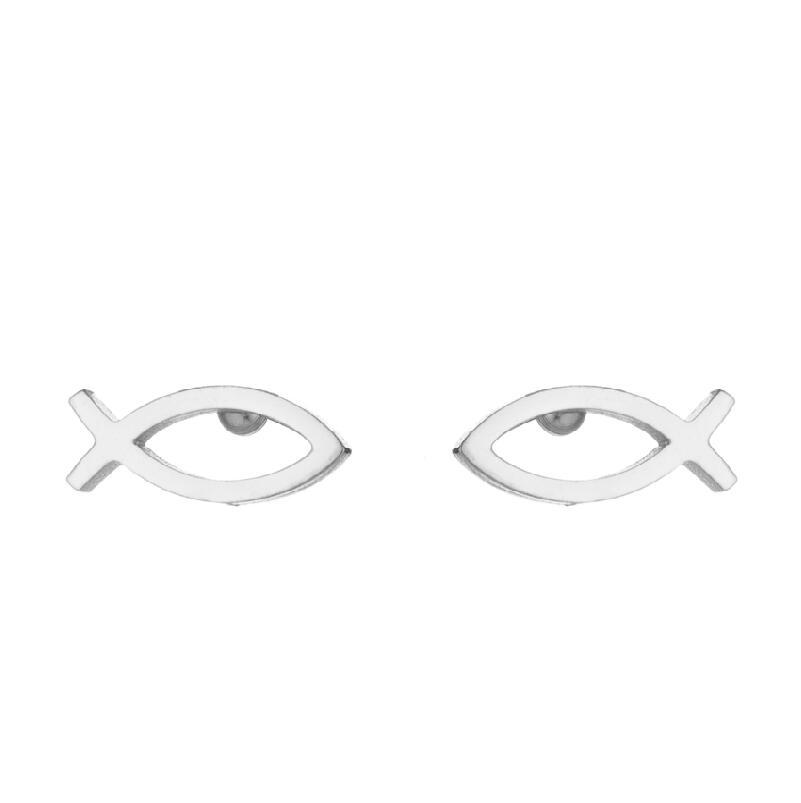 Silver fish-shaped earrings on a white background