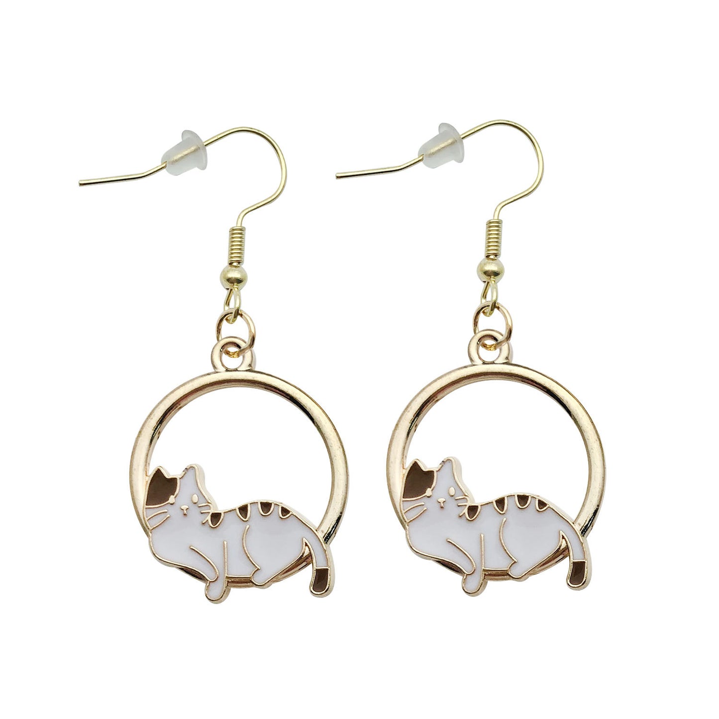 Cat-shaped earrings with gold circular frames on a white background