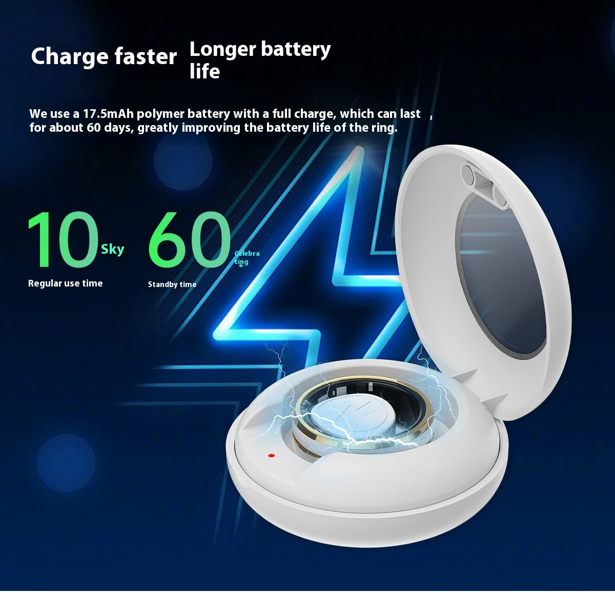 White electronic device with a blue light on a dark background, featuring text about battery life and charging time.