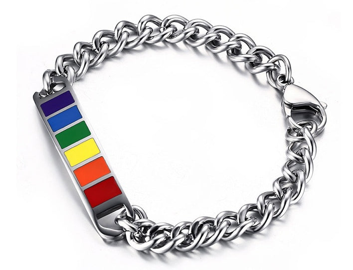 Silver chain bracelet with a colorful slider on a white background