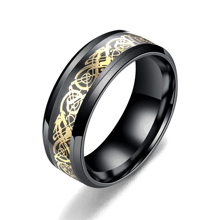 Black ring with gold Celtic knot design on a white background