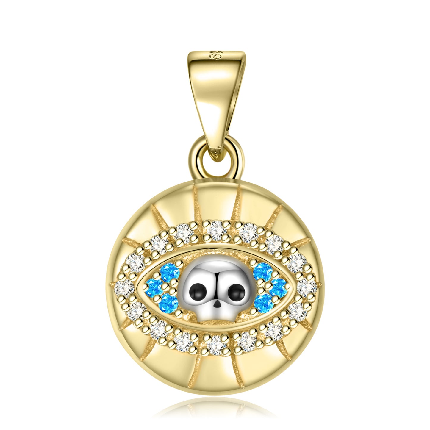 Gold pendant with skull design and blue stones on a white background
