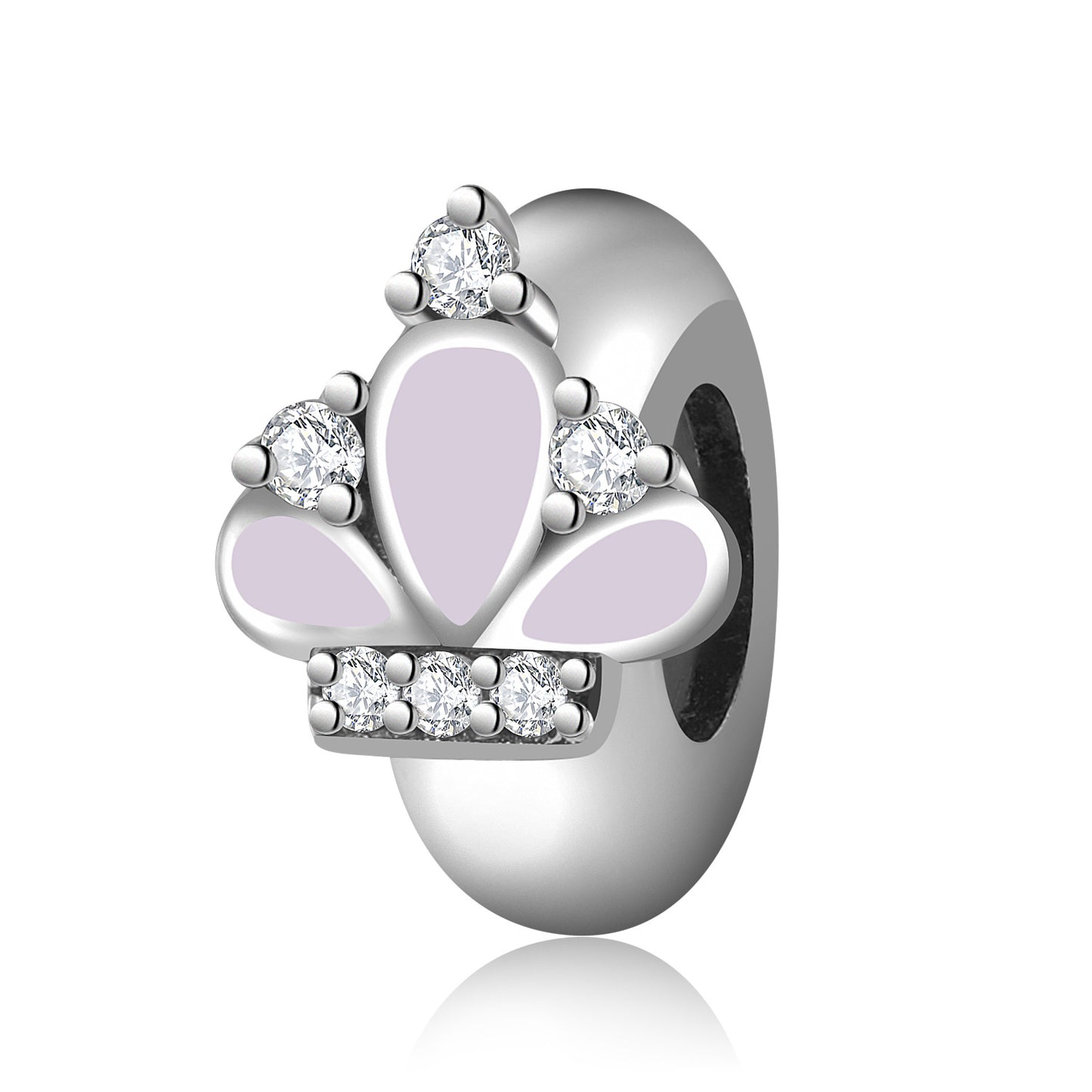 Silver paw print charm with pink center and clear stones on a white background