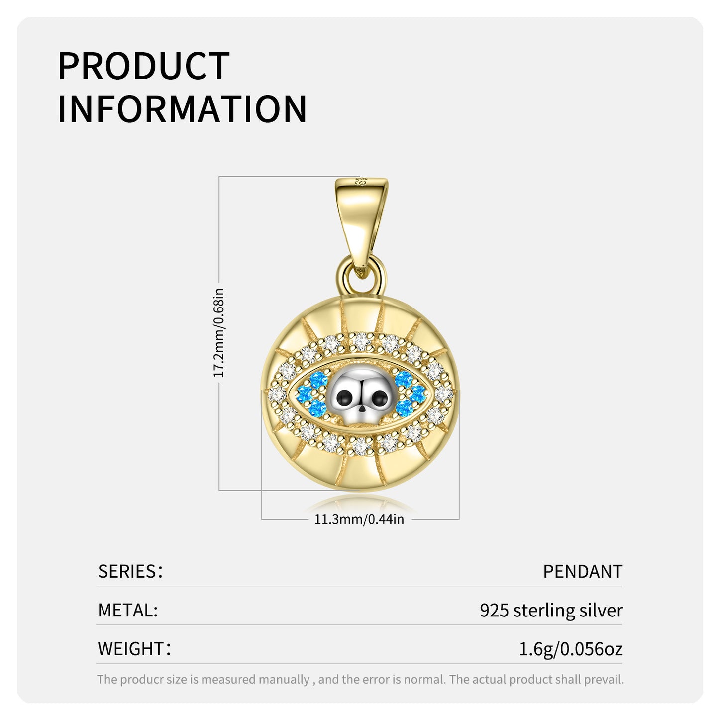 Gold pendant with eye design and product information on a white background