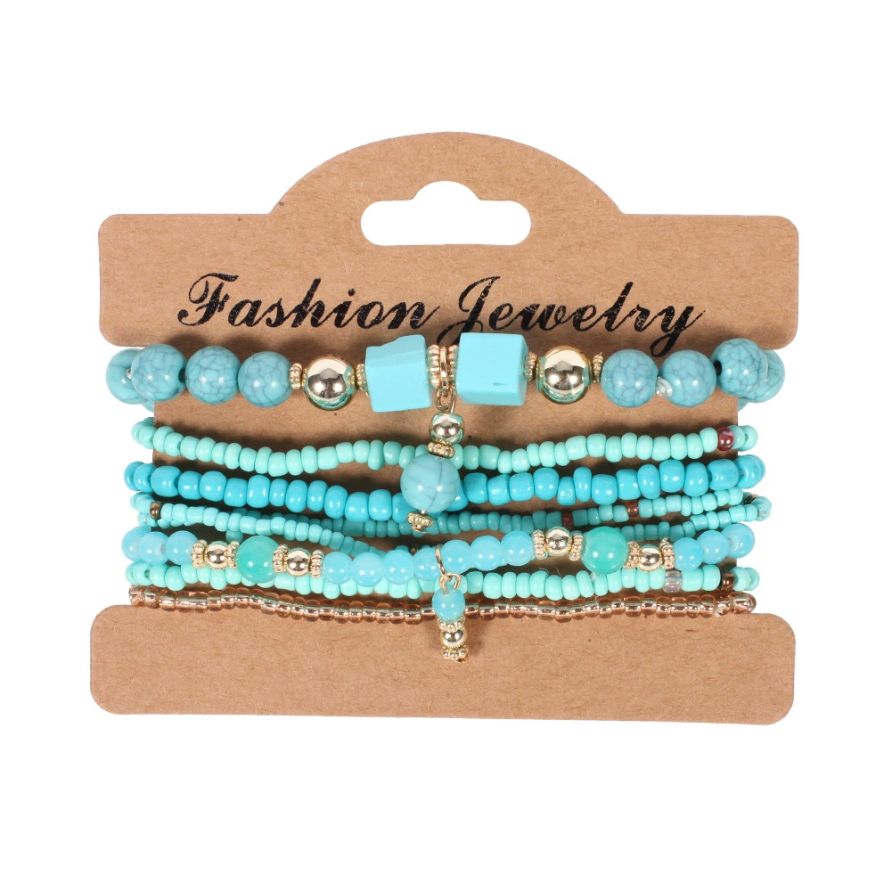 Set of turquoise beaded bracelets on a 'Fashion Jewelry' card