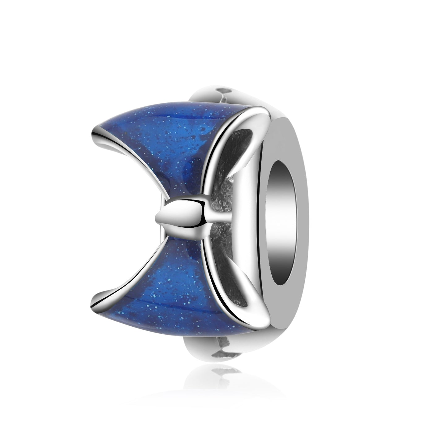 Silver charm with blue enamel on a white background