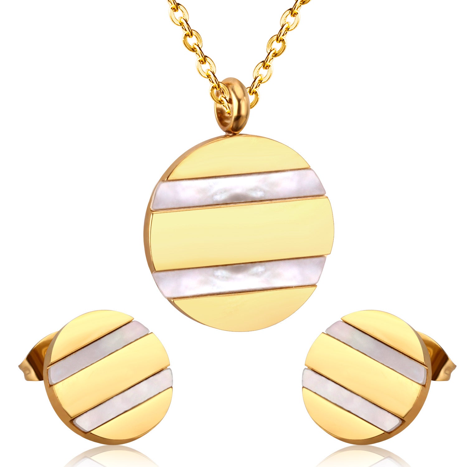 Gold and silver striped necklace and earrings on a white background