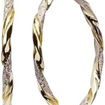 Gold hoop earrings with a textured finish on a white background