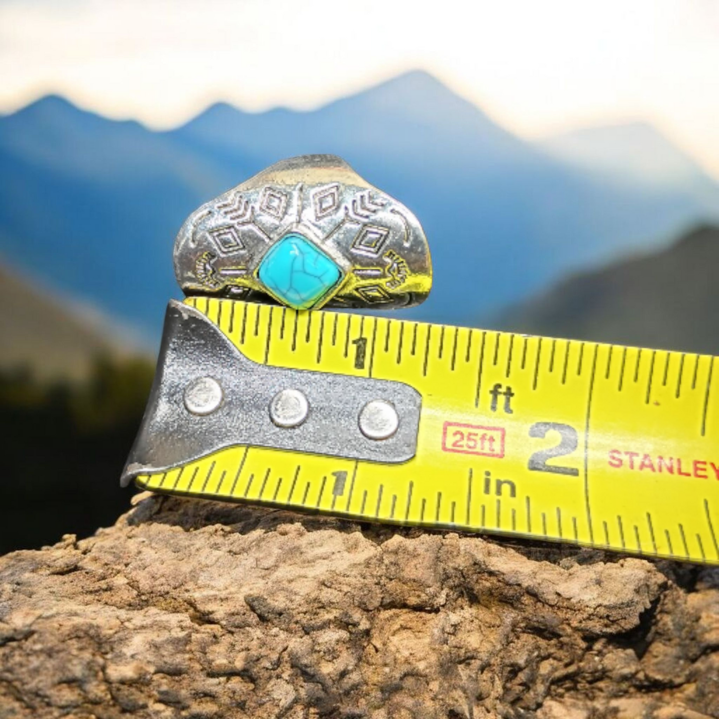 Southwestern Shield Turquoise Silver Tone Etched Ring