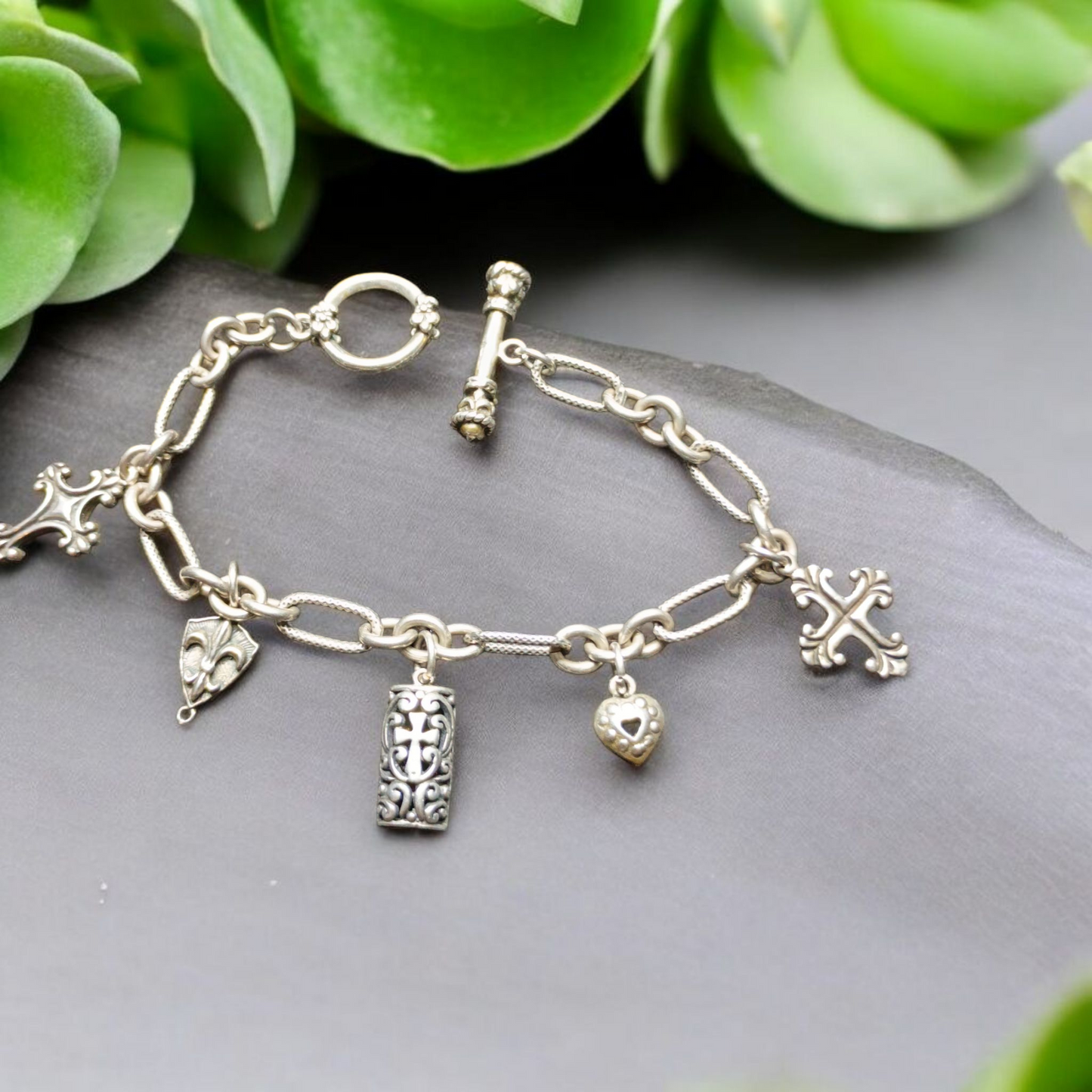 Vintage Sterling Silver Charm Toggle Bracelet