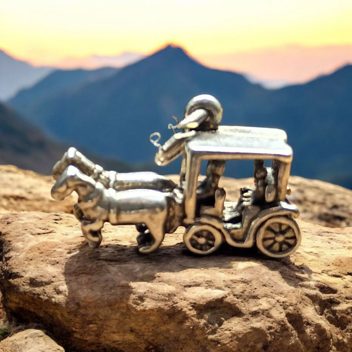 3D Silver Horse Amish Carriage Wagon charm