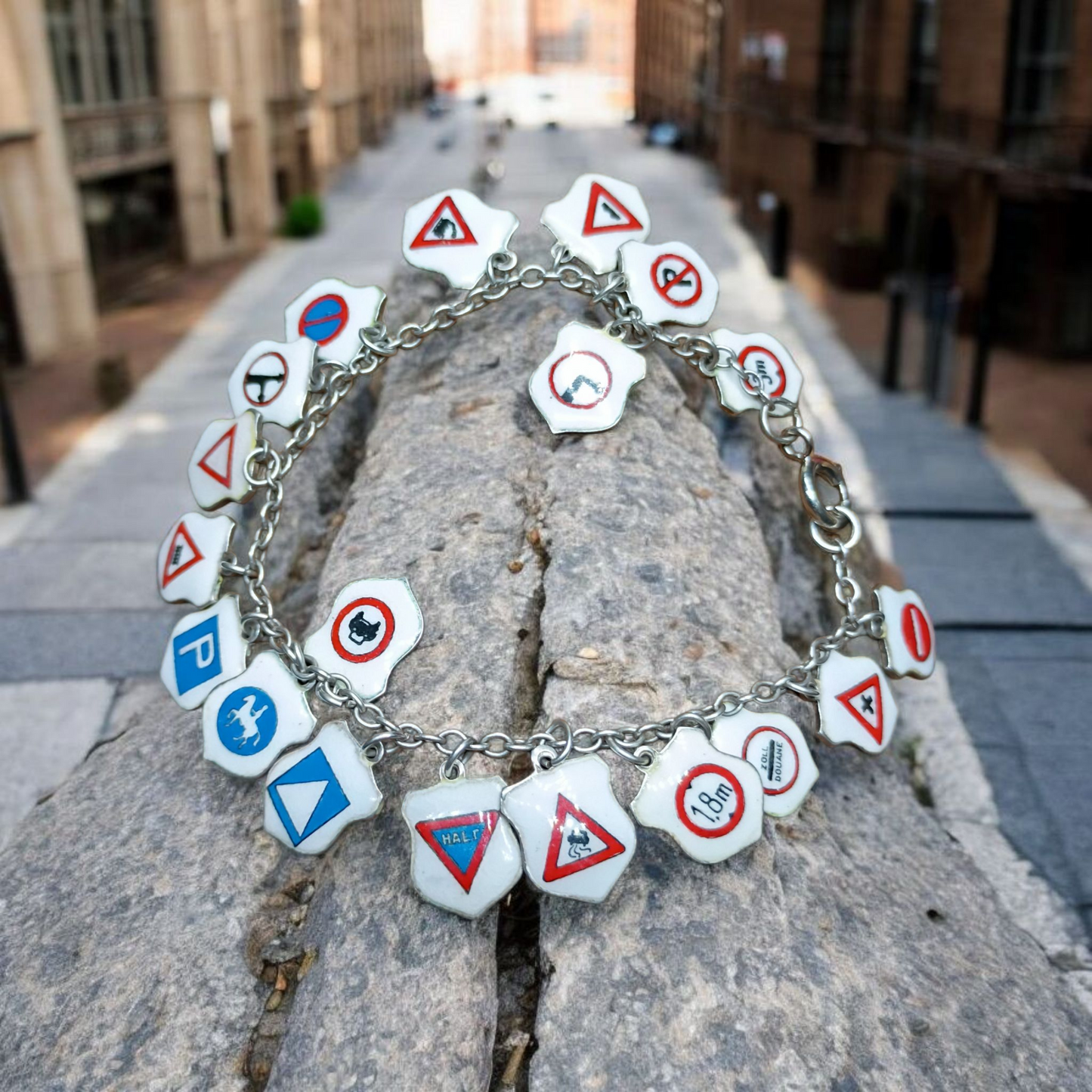 Vintage European Traffic Sign Shields Charm Bracelet