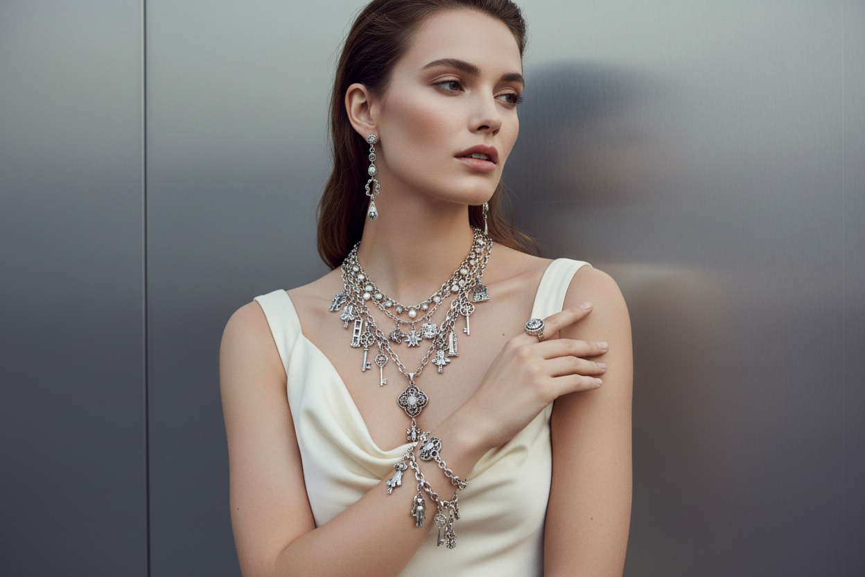 a model wearing silver vintage jewelry