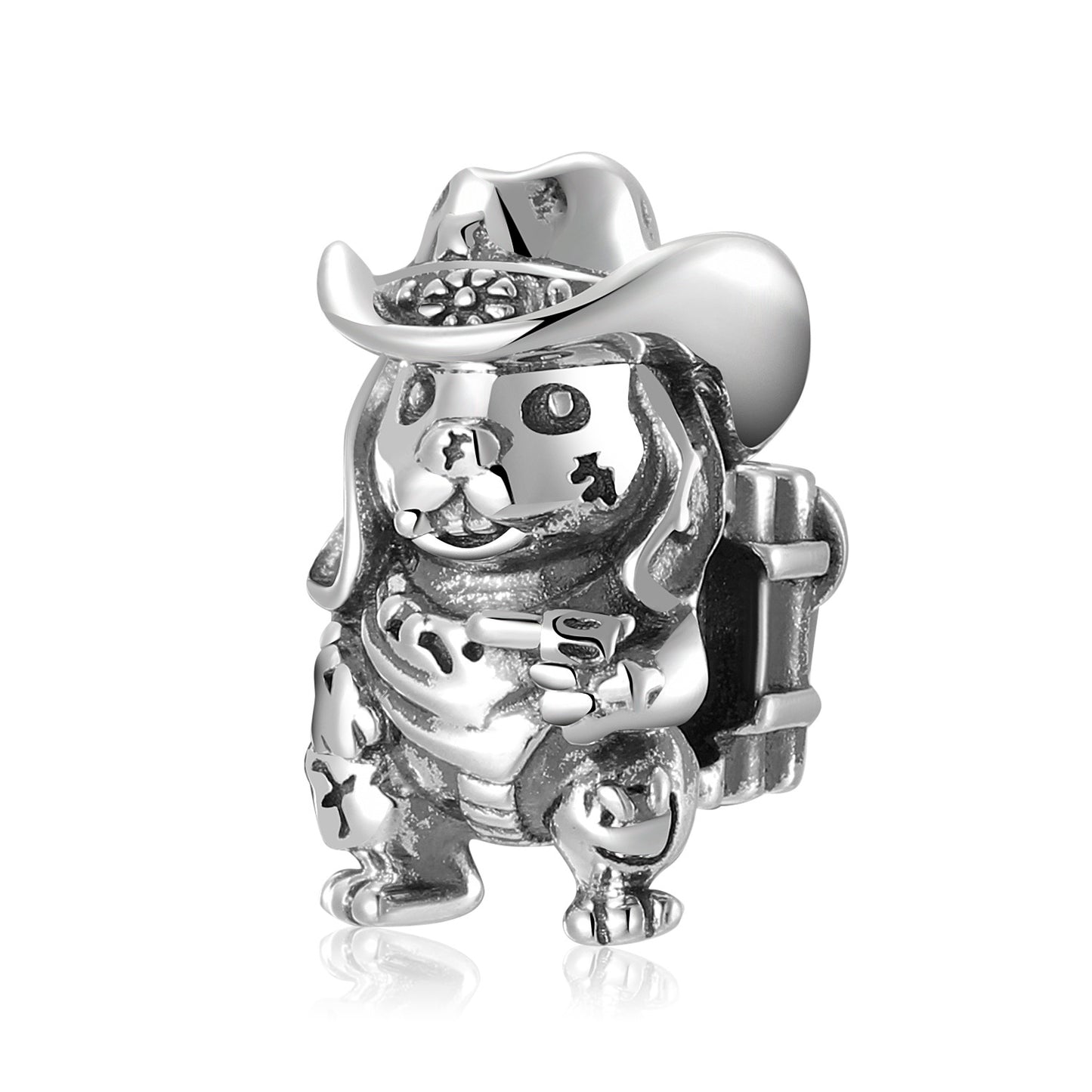 Silver charm shaped like a cowboy with a hat on a white background