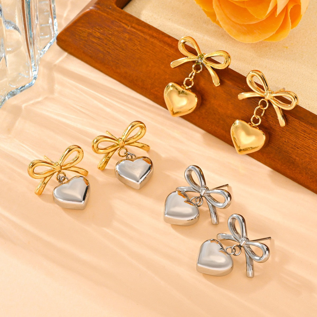 Peach Heart Bow Jewelry Set - Romantic Stainless Steel Necklace & Earrings