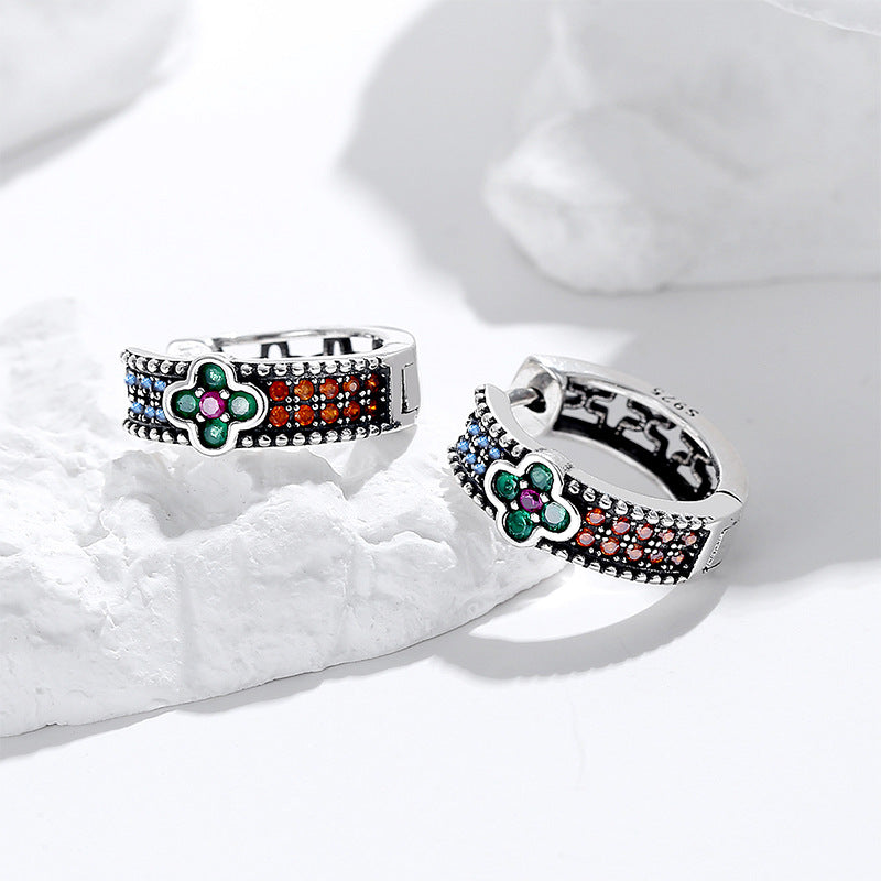 French Retro Style Four Leaf Colorful Diamond Earrings