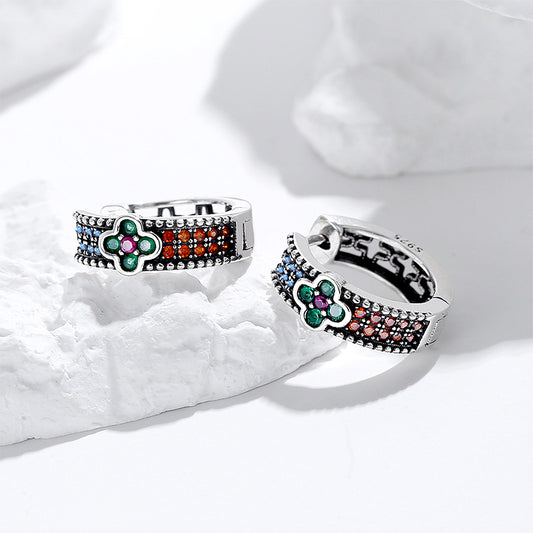 French Retro Style Four Leaf Colorful Diamond Earrings