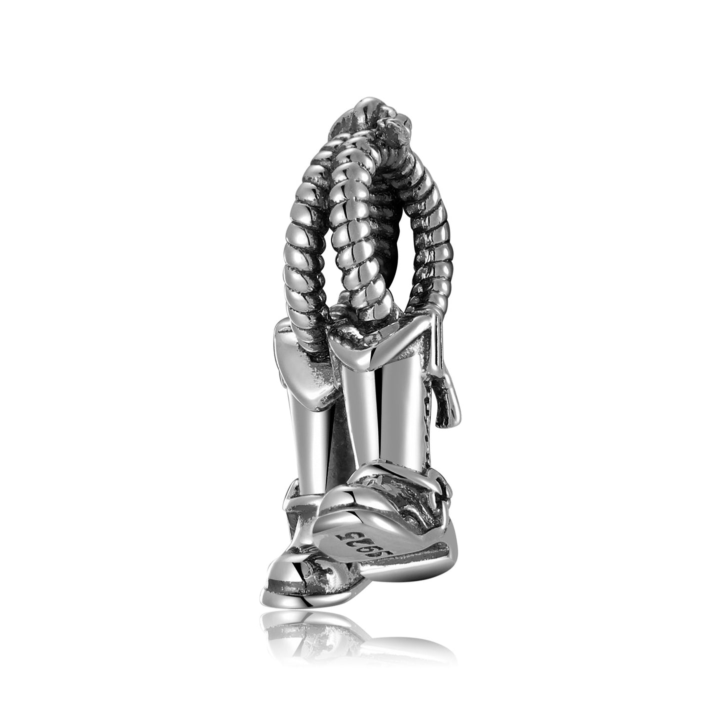 Silver boot charm with a rope detail on a white background