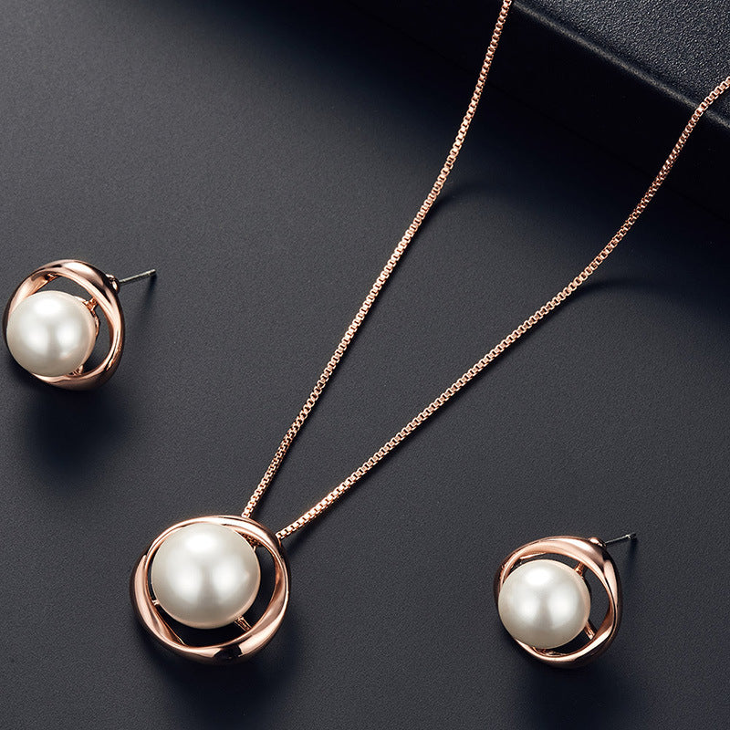 Elegant Imitation Pearl Bridal Jewelry Set - Round Necklace & Earrings