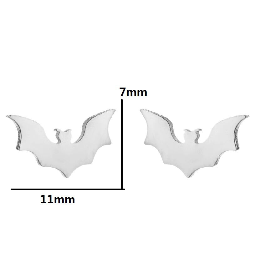 Bat-shaped earrings with measurements on a white background