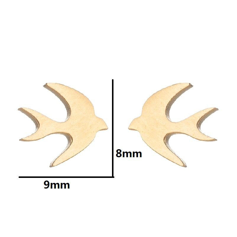 Gold bird-shaped earrings with measurements on a white background