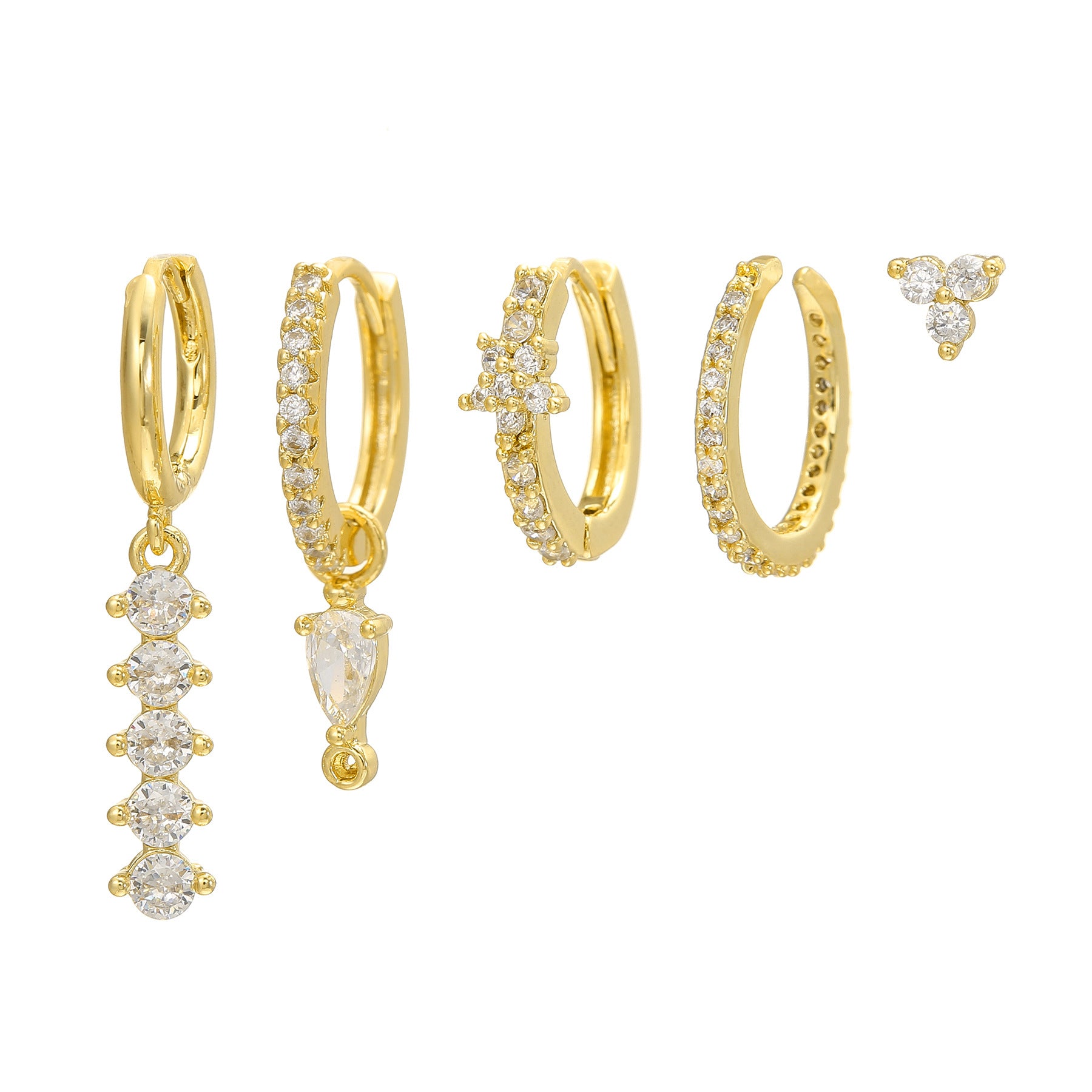 Set of gold hoop earrings with diamond accents on a white background