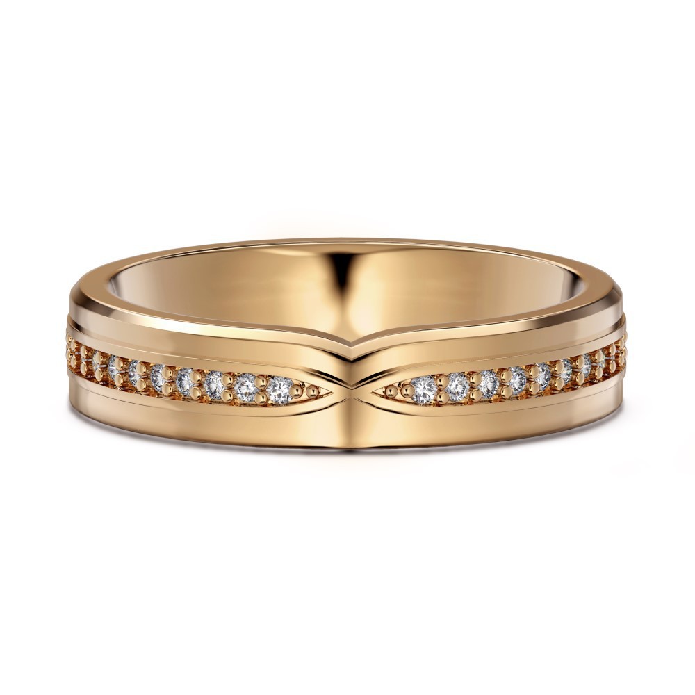 Gold ring with diamond accents on a white background