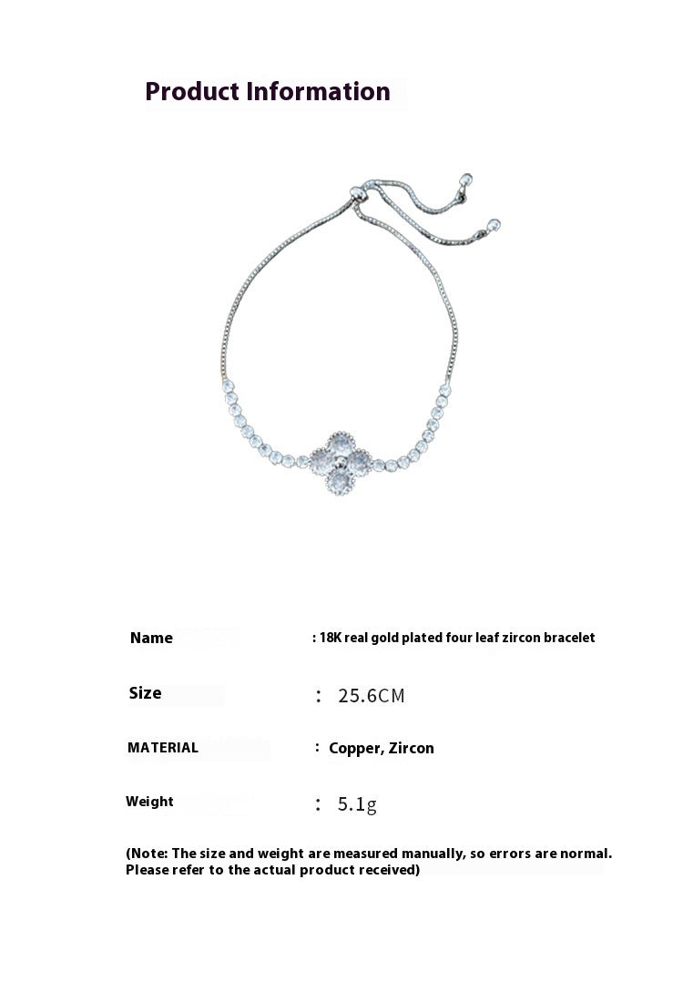 Product information sheet showing a silver-tone chain bracelet with a central cluster of clear round stones and a four-leaf motif, plus text listing the name, size, material, and weight on a white background.