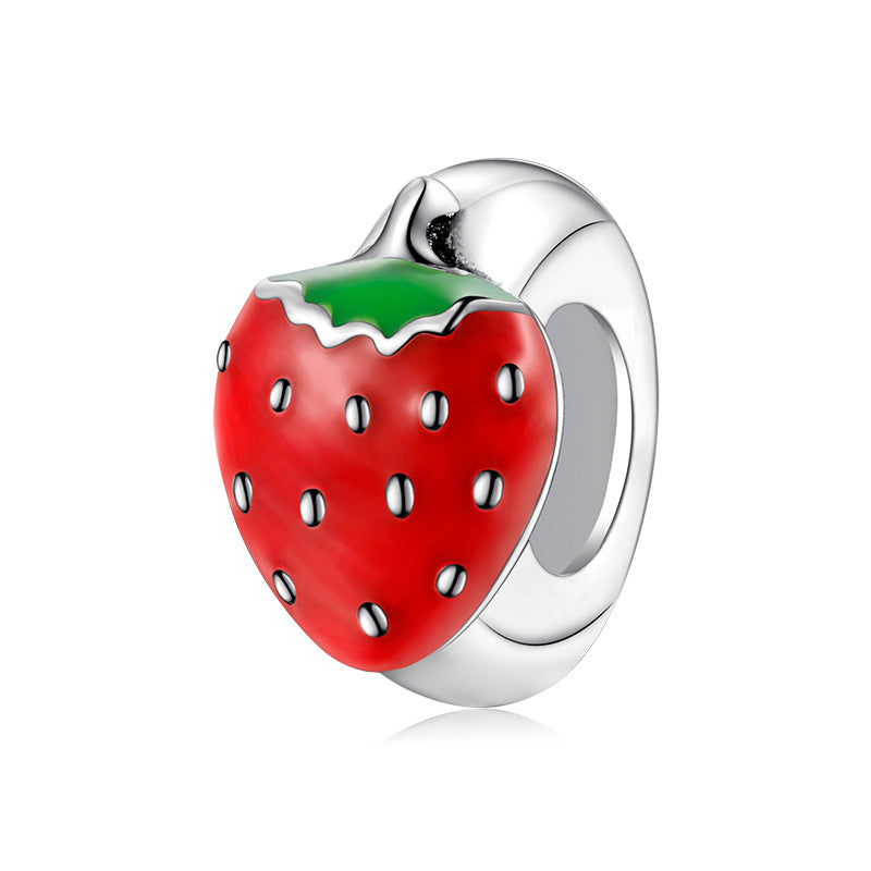 Strawberry-shaped charm with red body, green top, and silver accents on a white background