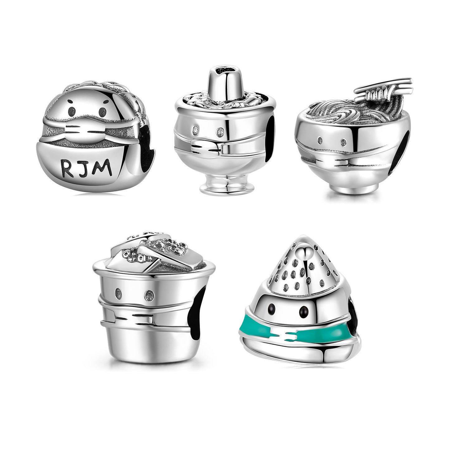 Set of silver charm beads with unique designs on a white background