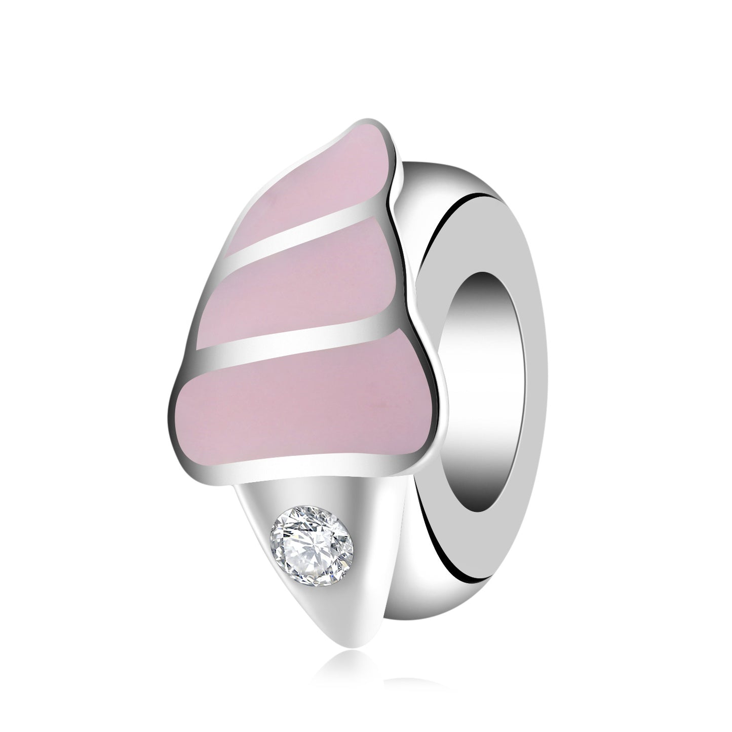 Silver charm with pink enamel and a clear gemstone on a white background