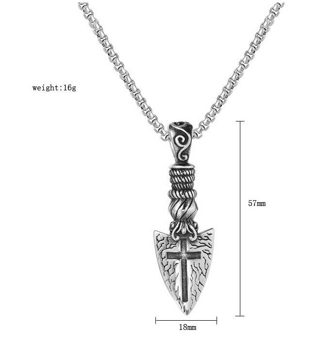 Silver-toned metal pendant necklace with a cross and arrowhead design on a chain, shown on a white background with dimension labels (18mm, 57mm) and weight text (16g).