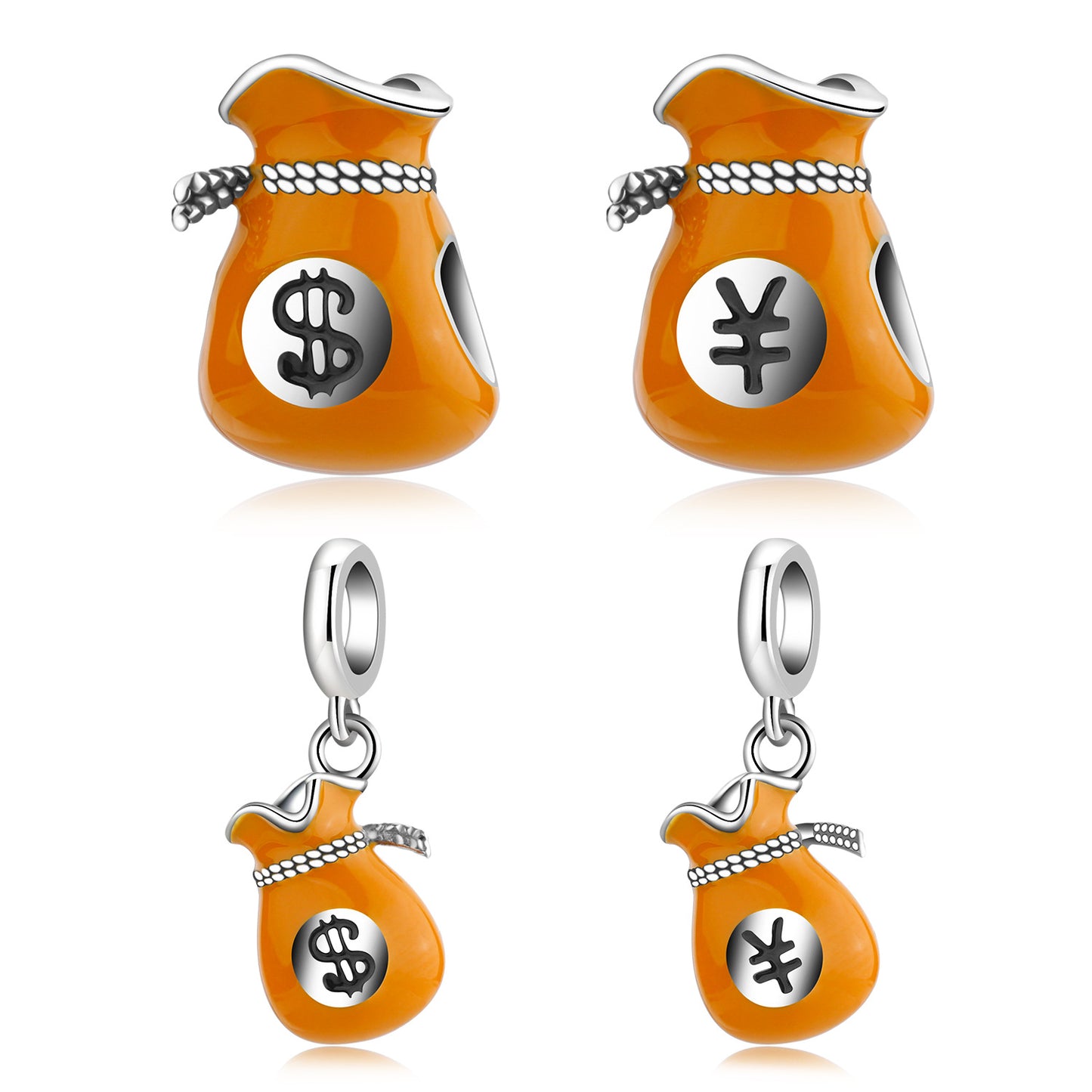 Set of four orange money bag charms with dollar and yen symbols on a white background