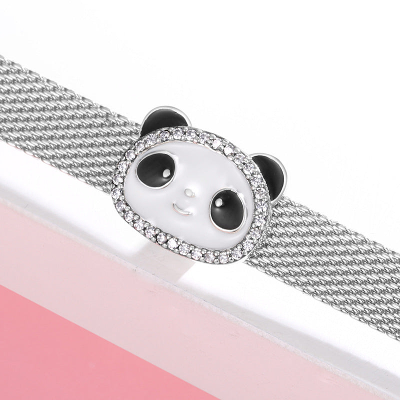 Panda-shaped phone case with chain detail on a pink and white background