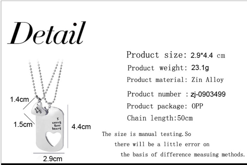 A product detail graphic showing a silver dog tag necklace with a heart-shaped cutout and ball chain, alongside printed measurements and specifications on a white background.