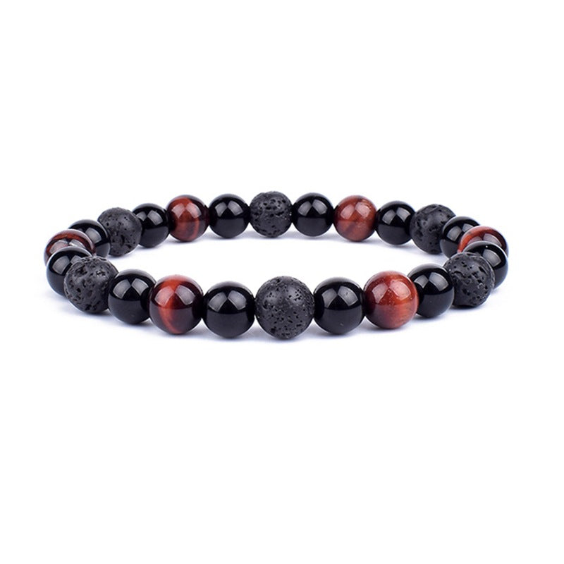 Beaded bracelet with black, red, and brown stones on a white background