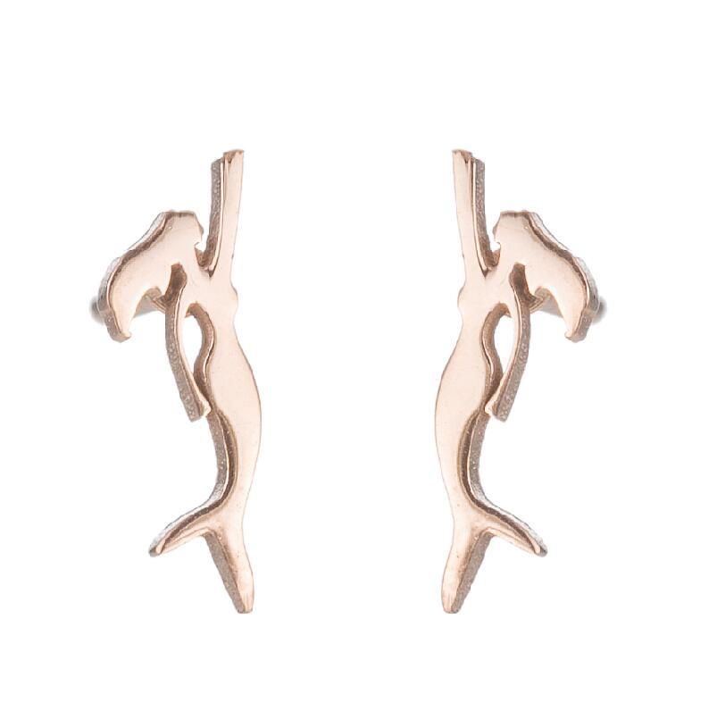 Rose gold antler-shaped earrings on a white background
