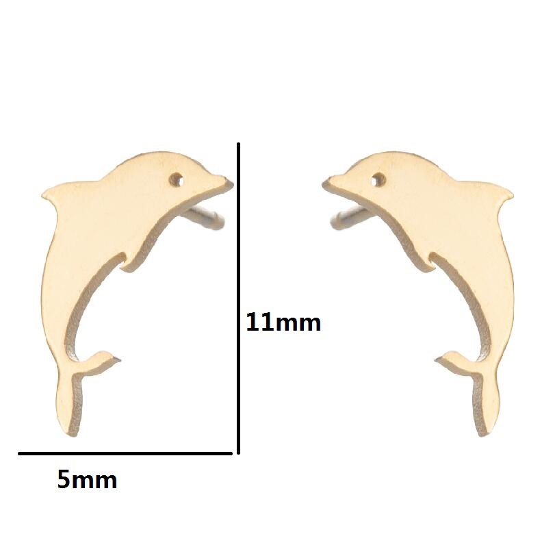 Gold dolphin-shaped earrings with size measurement on a white background