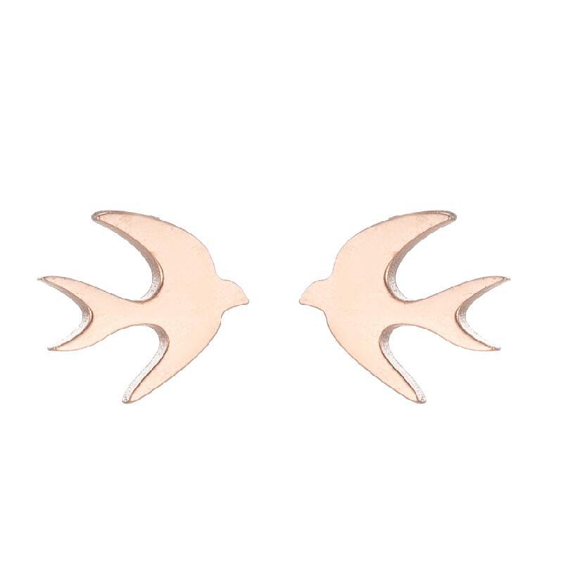 Rose gold bird-shaped earrings on a white background