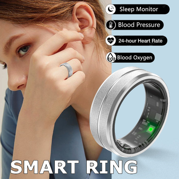 Smart ring being worn on a person's finger with health monitoring features displayed.