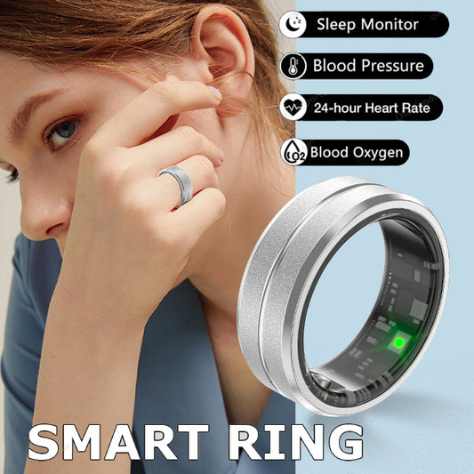 Smart ring being worn on a person's finger with health monitoring features displayed.