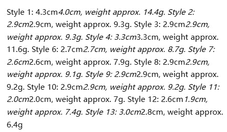 A text-based size and weight reference chart listing styles 1 through 13 with dimensions and approximate weights in Chinese characters on a white background.