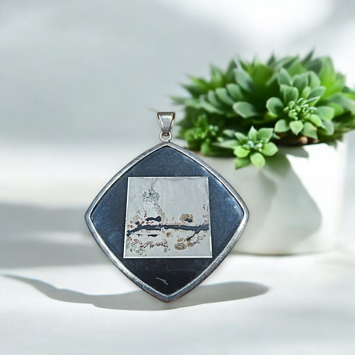 Whitney Kelly sterling silver Malamute and landscape jasper pendant