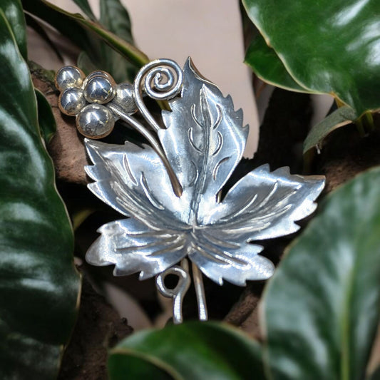 Vintage Silver Leaf & Berry Brooch