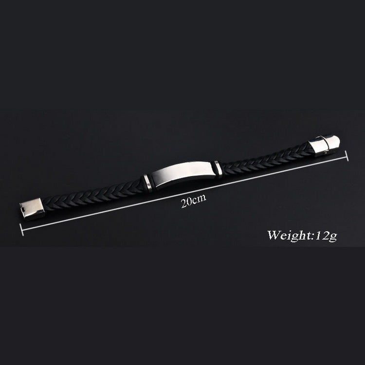 Men's Stainless Steel Signet Bracelet - Black Braided Leather Wristband, Minimalist Casual Jewelry